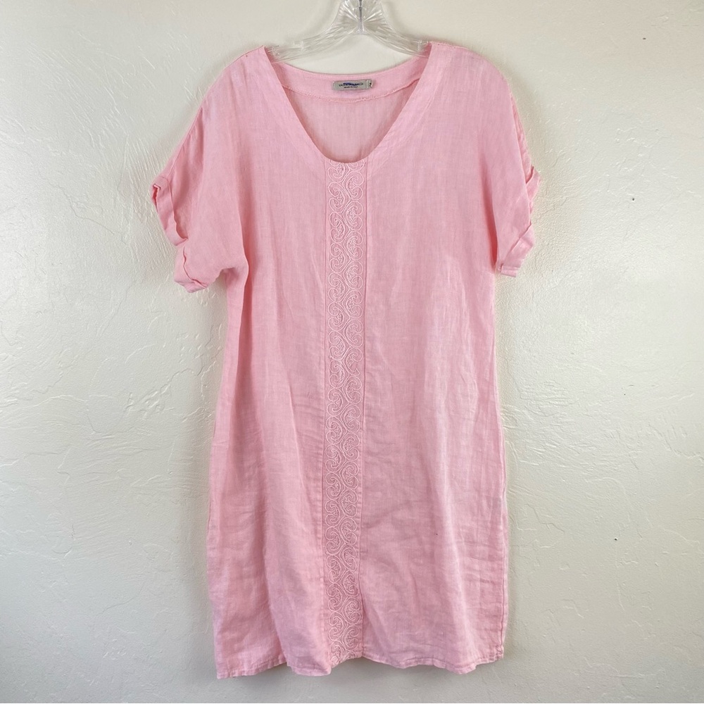 Valentina Naldi Size Medium Pink Floral Embroidery 100% Linen Short Sleeve Dress